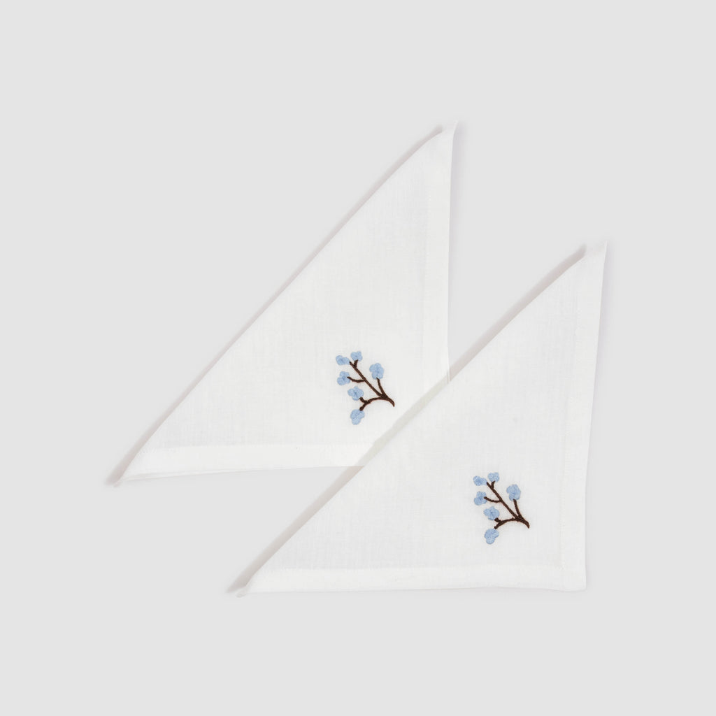 Soft Linen Embroidered White Cocktail Napkin Genevrier, Set of Two, Blue