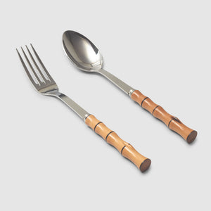 Banyan Stainless Serving Fork & Spoon Carved in the Style of Bamboo