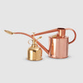 A product photograph featuring a polished copper watering can and a small brass plant spritzer set side by side against a solid, light gray background. On the left, the brass spritzer has a classic cylindrical body with a pump-action top mechanism. On the right, the copper watering can features a long, elegant curved spout ending in a fine brass rose, an overhead carrying handle, and a decorative oval emblem on its side.