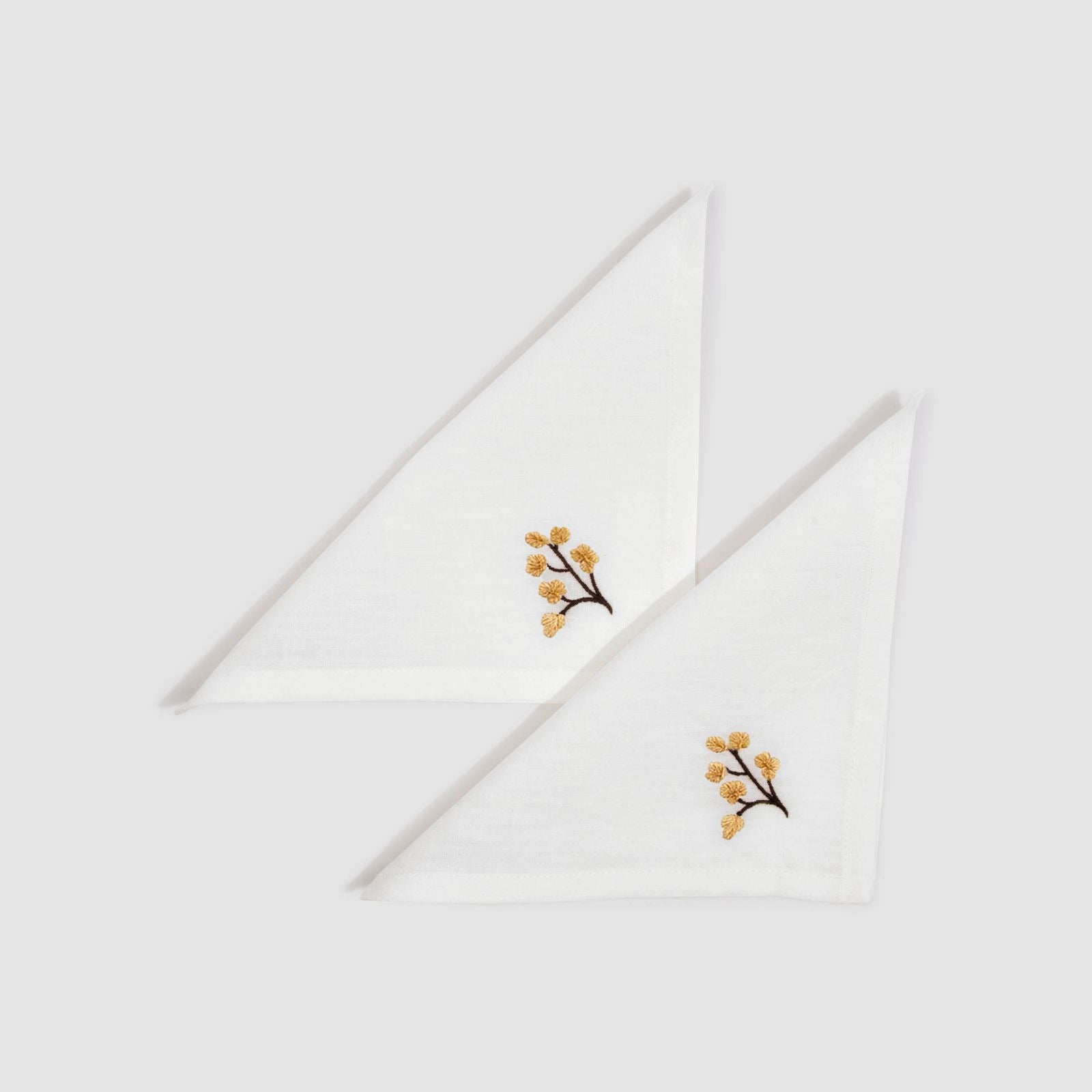 Soft Linen Embroidered White Cocktail Napkin Genevrier, Set of Two, Gold