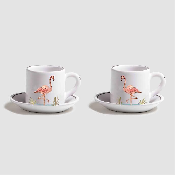 Animaux de la Savane Pair of Espresso Cups & Saucers, Flamingo