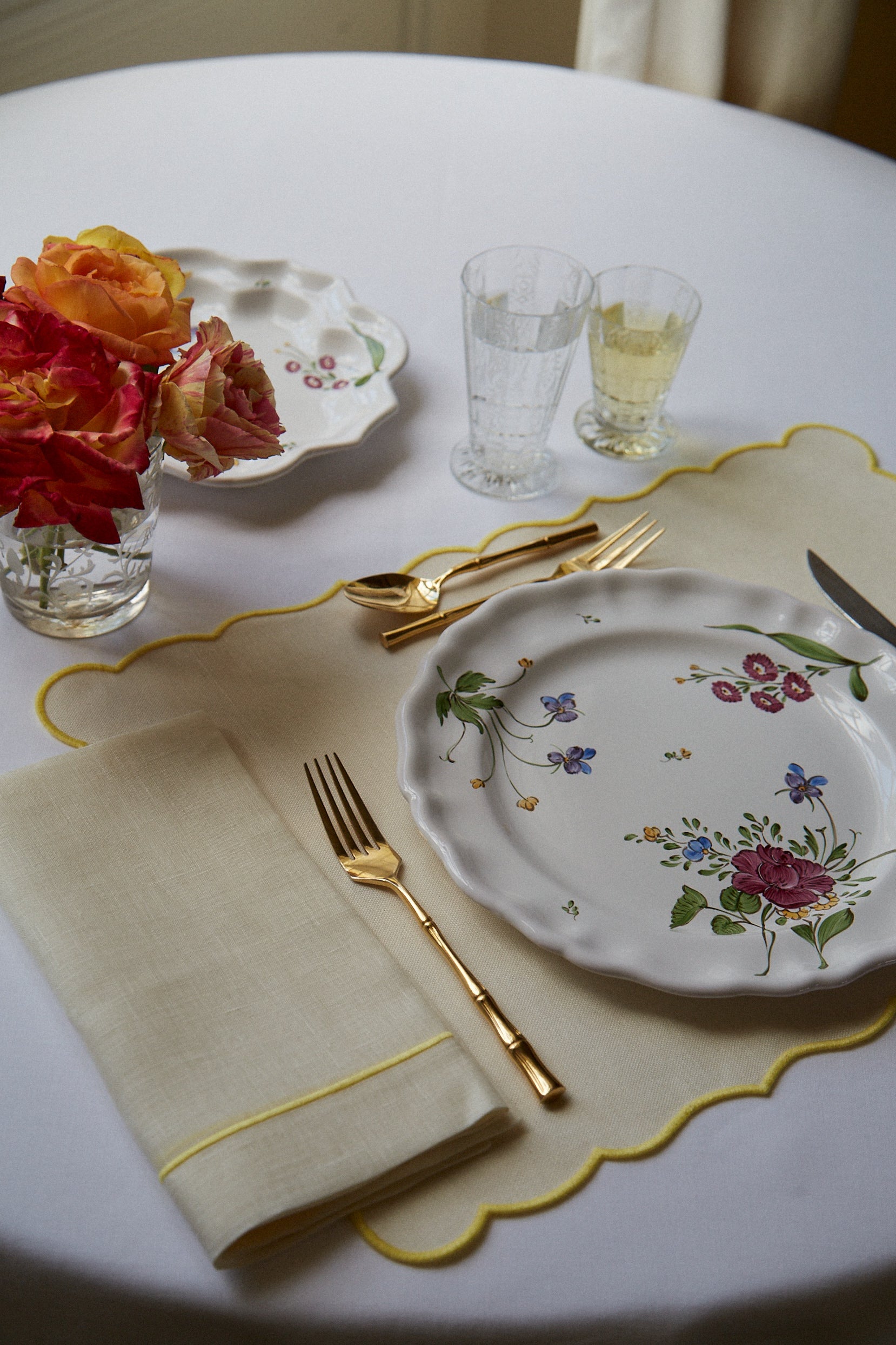 table setting with Large Cord Embroidered Table Napkin Ivory, Yellow