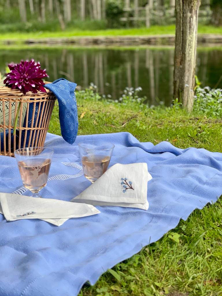 Soft Linen Embroidered White Cocktail Napkin Genevrier, Set of Two, Blue