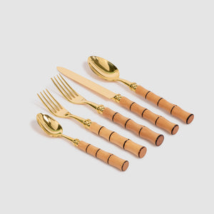 Banyan 5pc Gold Plated Cutlery Set Carved in the Style of Bamboo