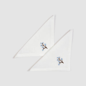 Soft Linen Embroidered White Cocktail Napkin Genevrier, Set of Two, Blue