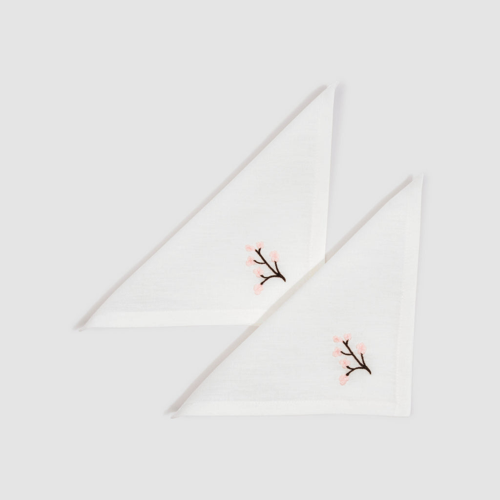 Soft Linen Embroidered White Cocktail Napkin Genevrier, Set of Two, Pink