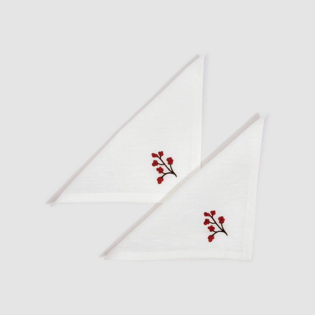 Soft Linen Embroidered White Cocktail Napkin Genevrier, Set of Two, Red