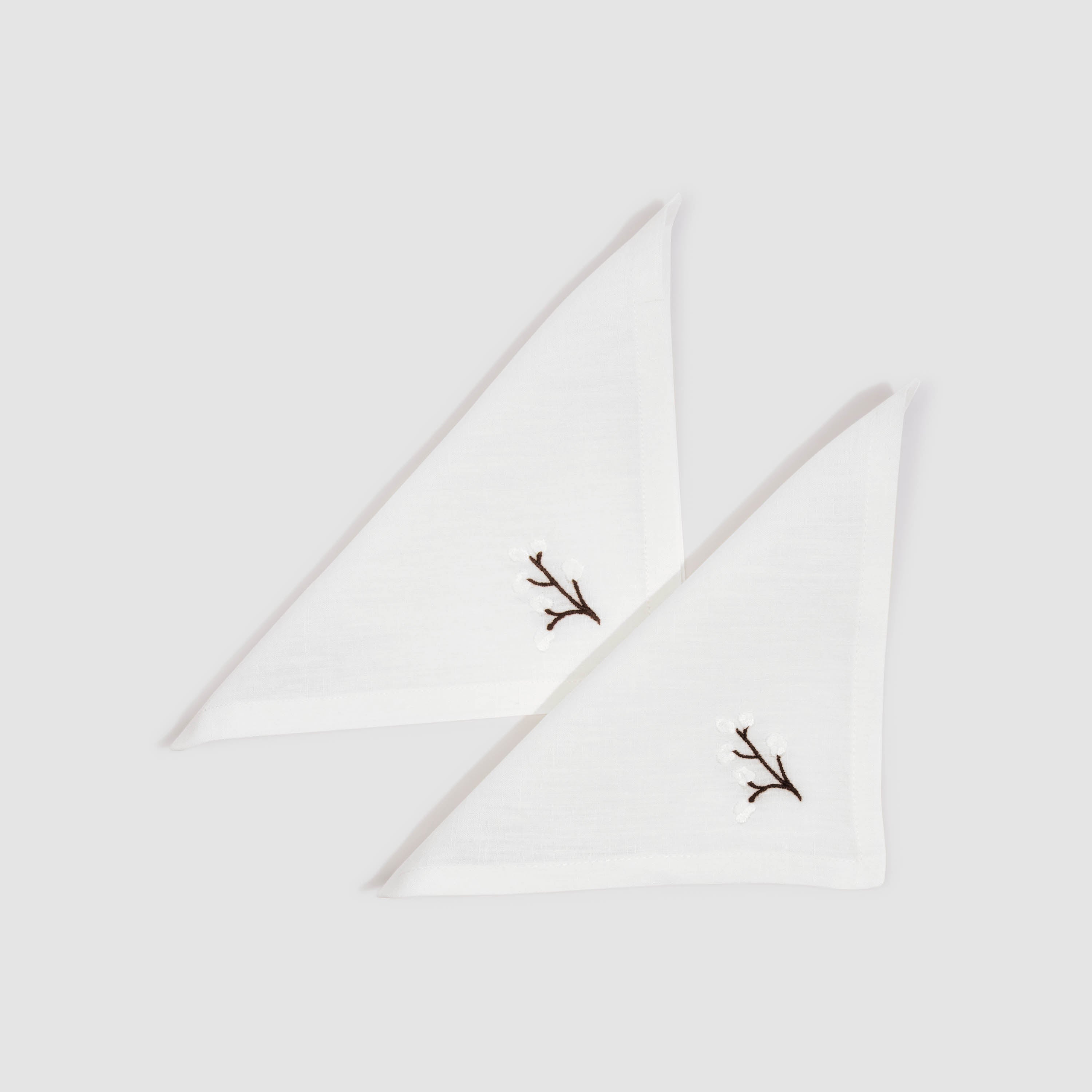 Soft Linen Embroidered White Cocktail Napkin Genevrier, Set of Two, White