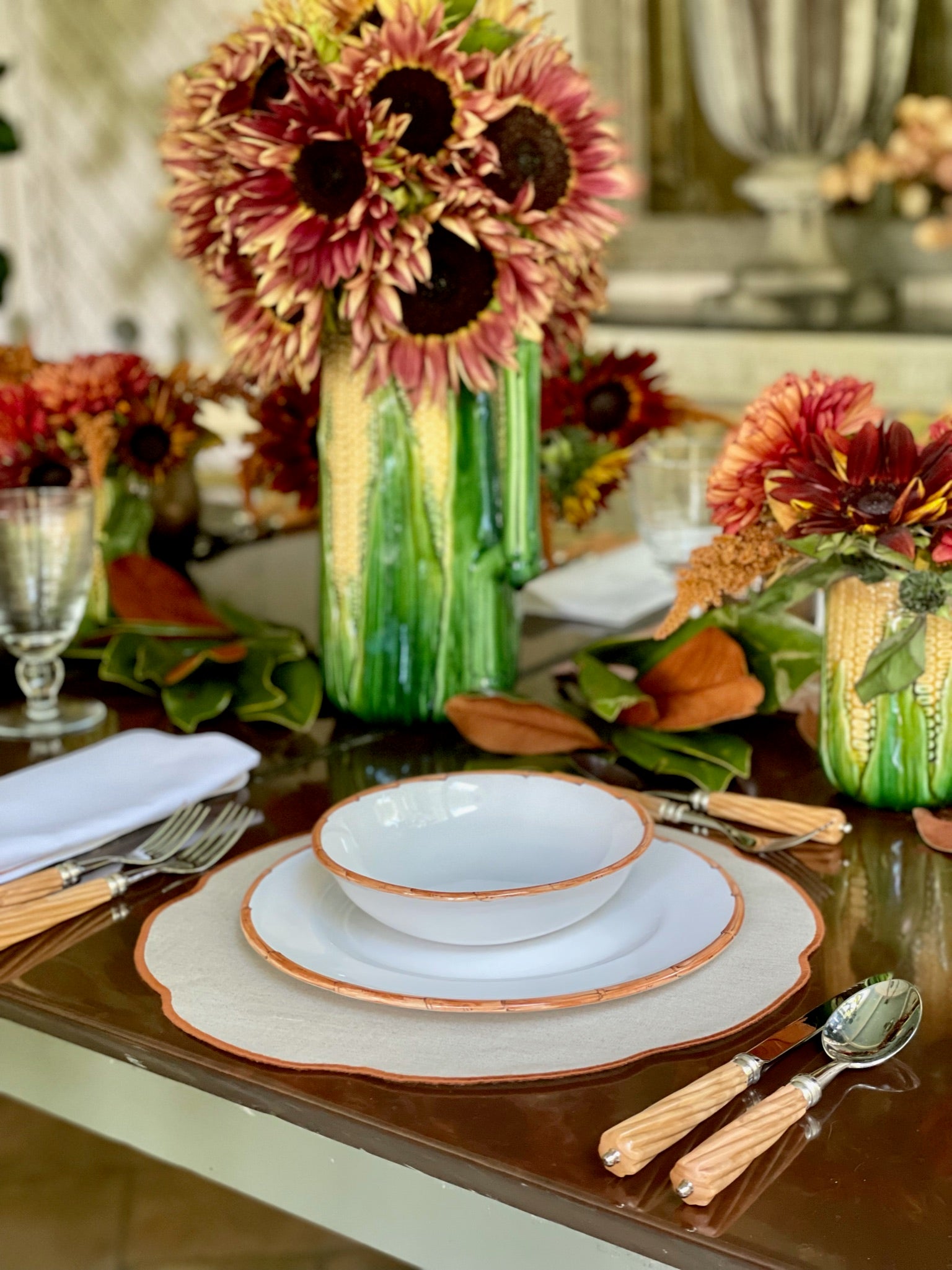 table setting with Coated Salt & Pepper Linen Placemat, Pain Brûlé