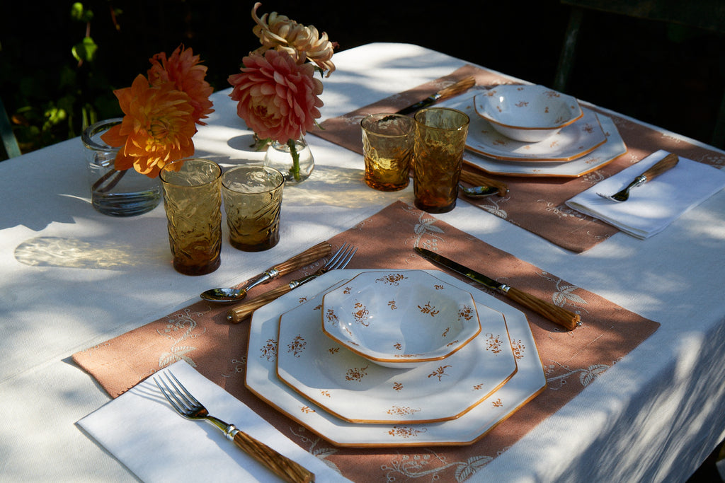 styled table setting with Brindille Large Dinner Plate with Salad Plate and Bowl, Ochre Brûlée