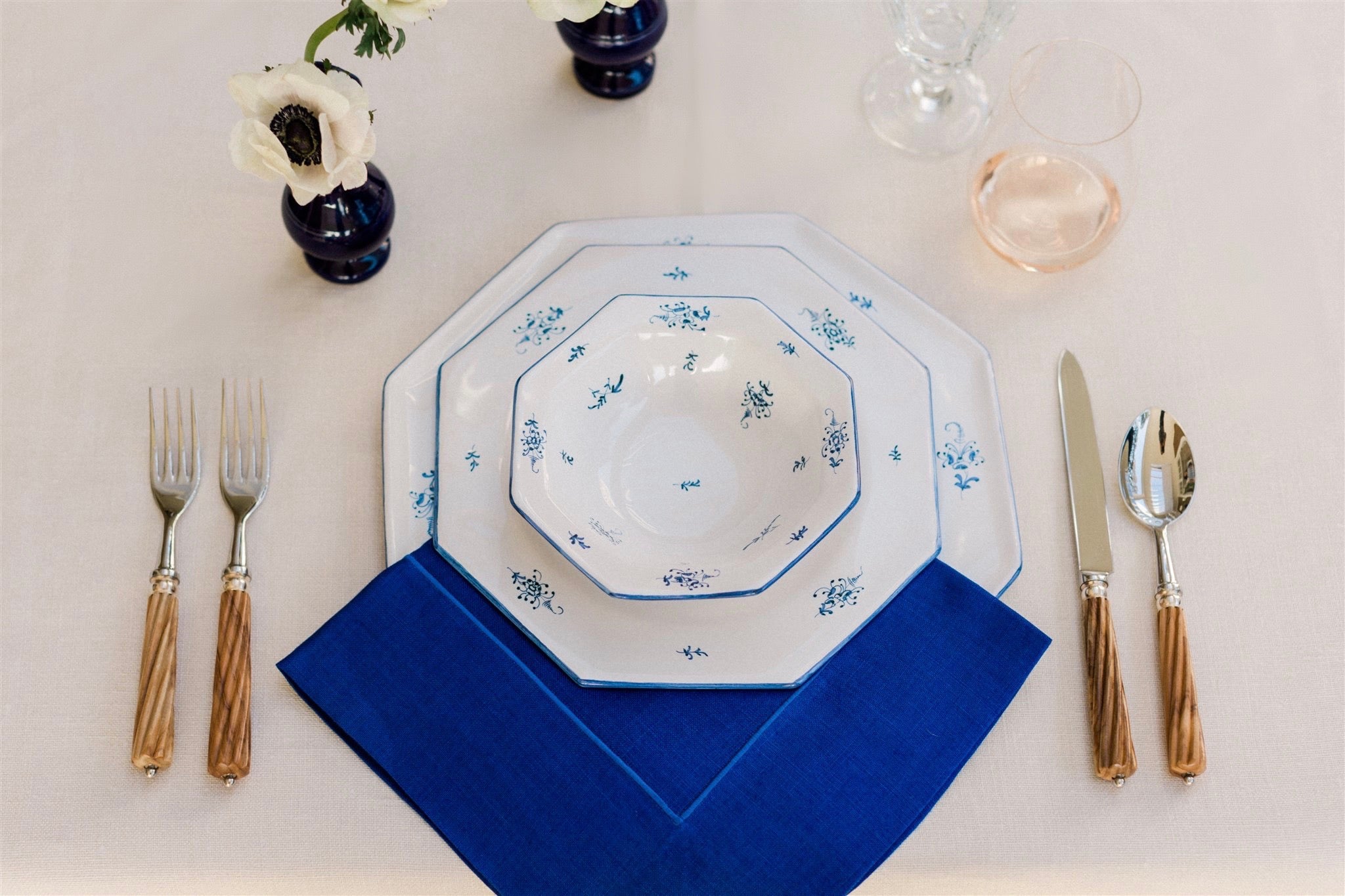styled table setting with Brindille Small Bowl with Dinner and Salad Plate, Bleu Moustiers