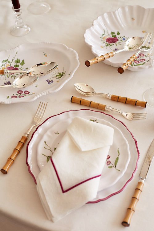 table setting styled with Banyan Silver Plated Serving Fork & Spoon Carved in the Style of Bamboo