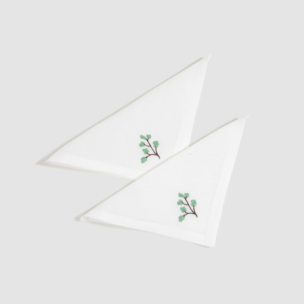 Soft Linen Embroidered White Cocktail Napkin Genevrier, Set of Two, White, Pistache