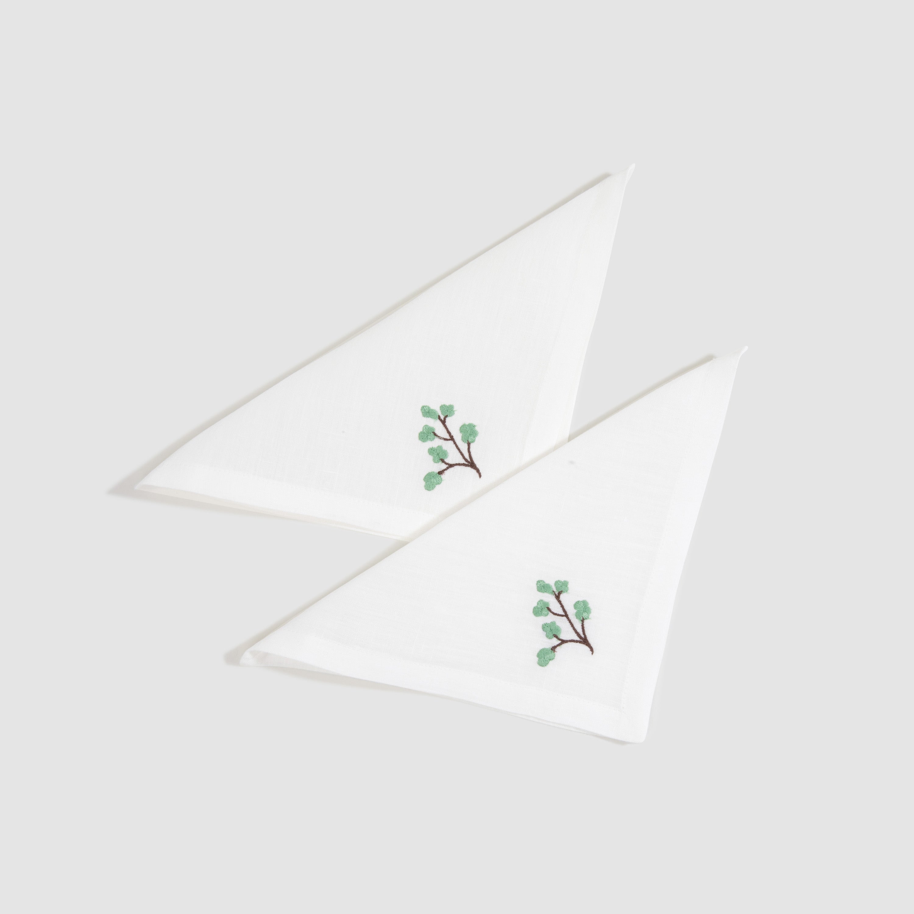 Soft Linen Embroidered White Cocktail Napkin Genevrier, Set of Two, White, Pistache