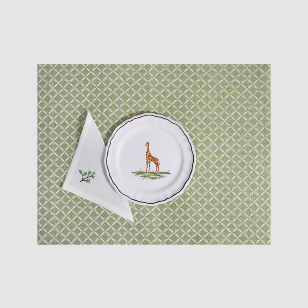Animaux de la Savane Dessert/Side Plate, Giraffe on Trellis Jacquard Placemat with Embroidered cocktail napkin