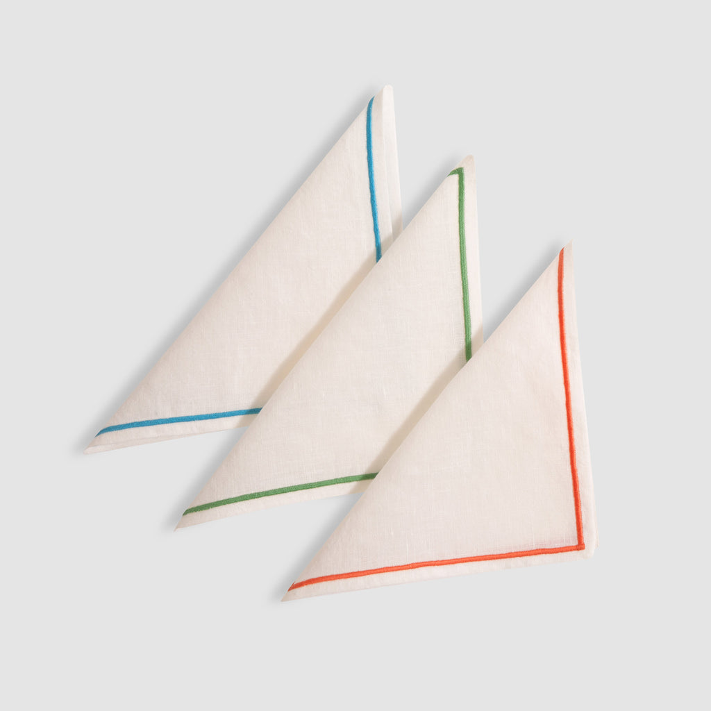 Soft Linen Cord Embroidered Cocktail Napkin, White, Set of Three