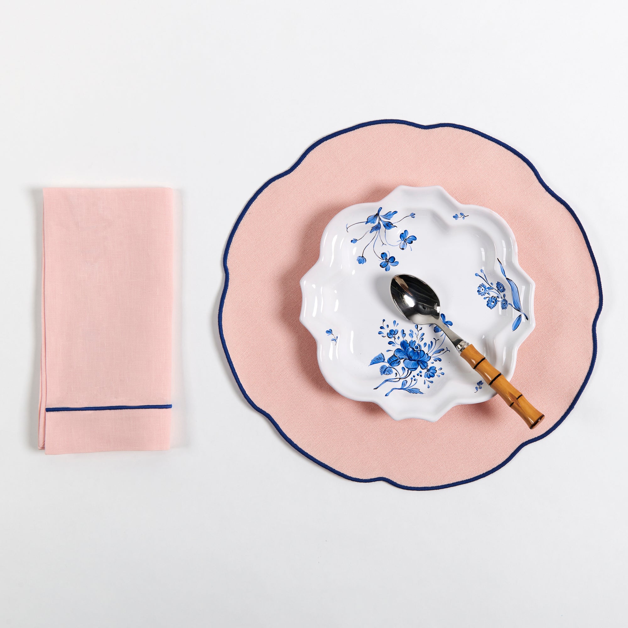 Pink Linen Napkin and Placemat, Blue Edge with Camaieu Drageoir, Azur