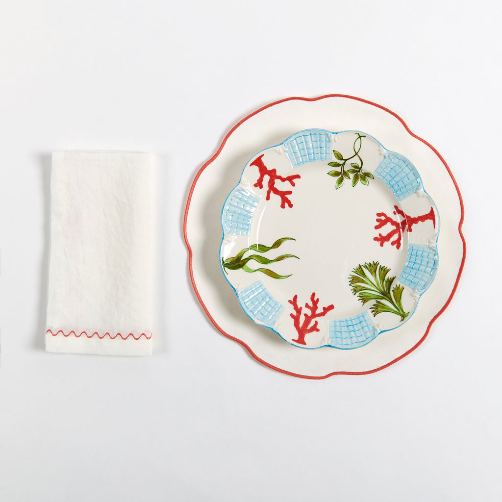 Coated White Linen Placemat, Coraille with Napkin and La Mer Dinner Plate