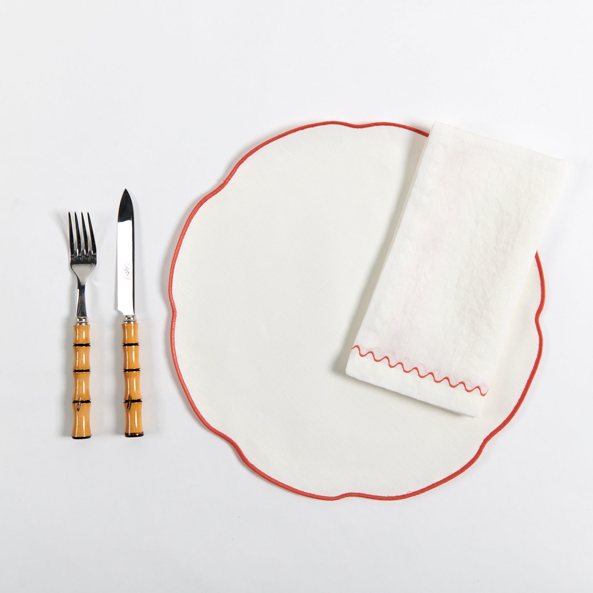 Coated White Linen Placemat, Coraille with Napkin and Cutlery