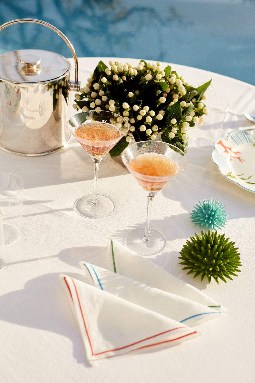Table Setting with Soft Linen Cord Embroidered Cocktail Napkin, White, Set of Three