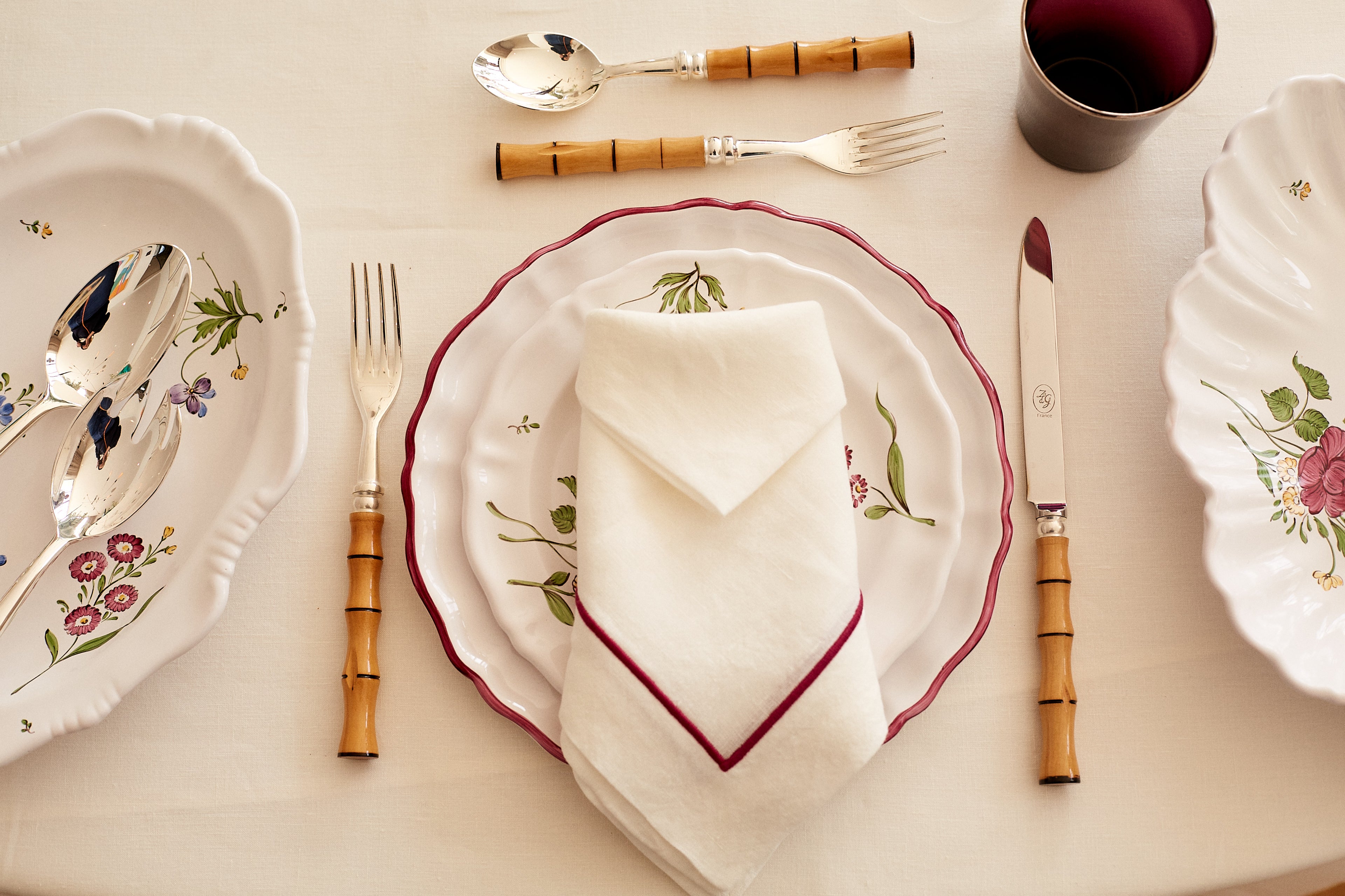 Table Setting with Soft Linen Cord Embroidered Dinner Napkin, White, Bergonia
