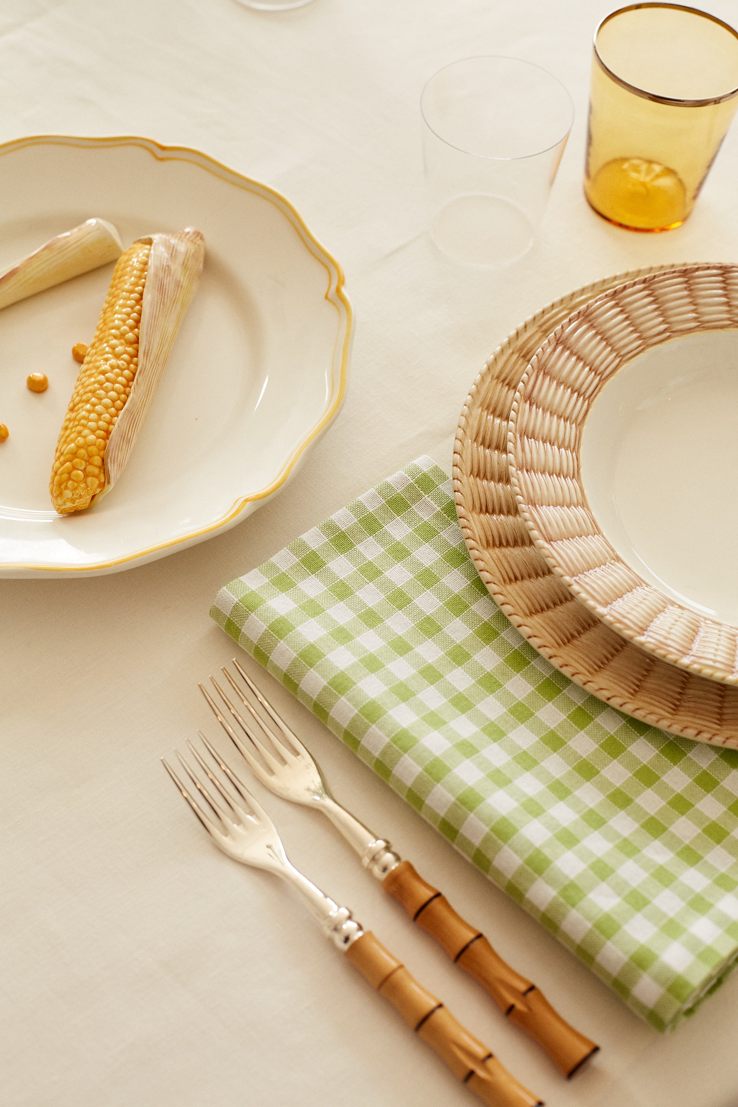 Table Setting with Vichy Napkin, Sage