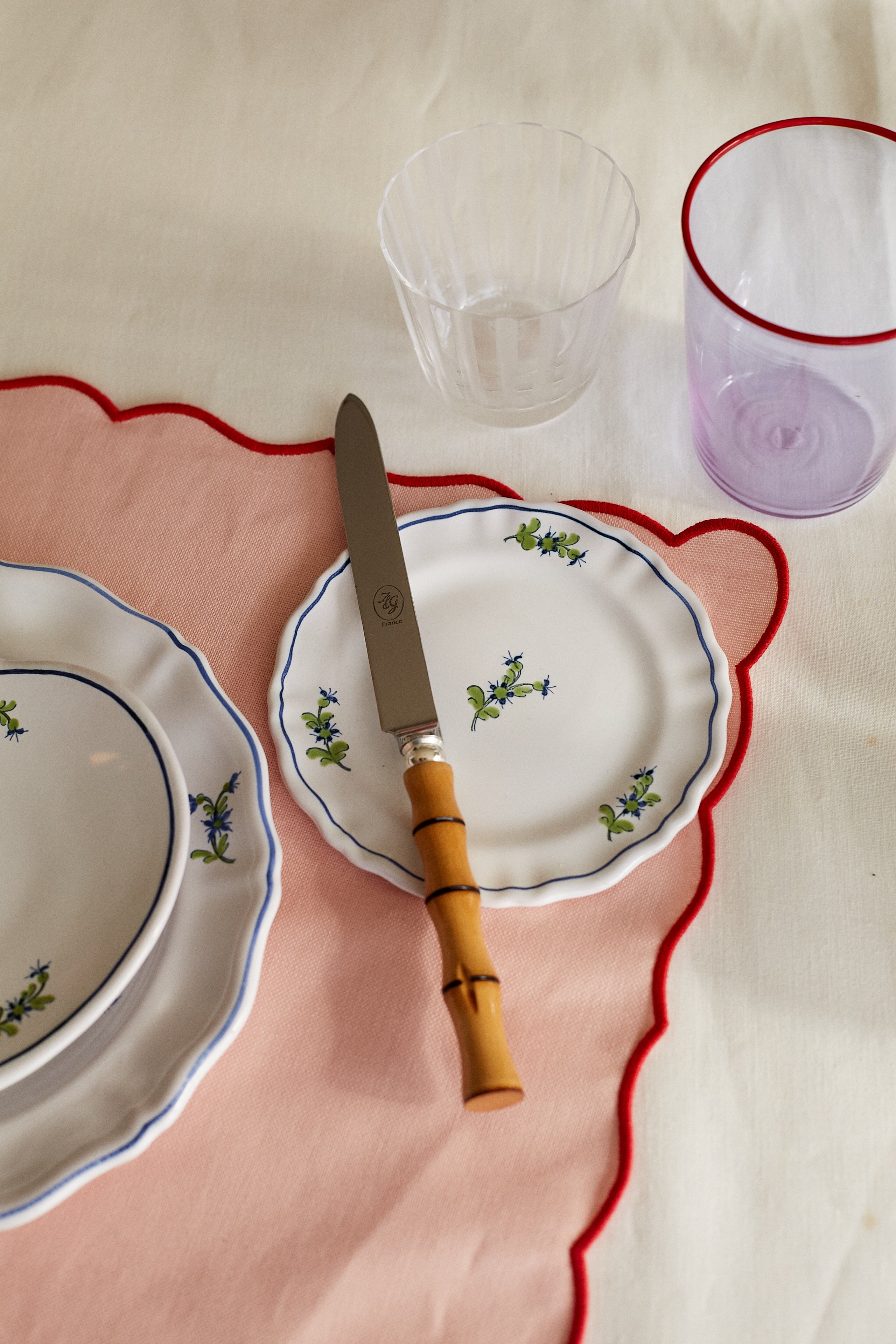 Table Setting with Les Bleuets Round Petite Plate, Blue and Green