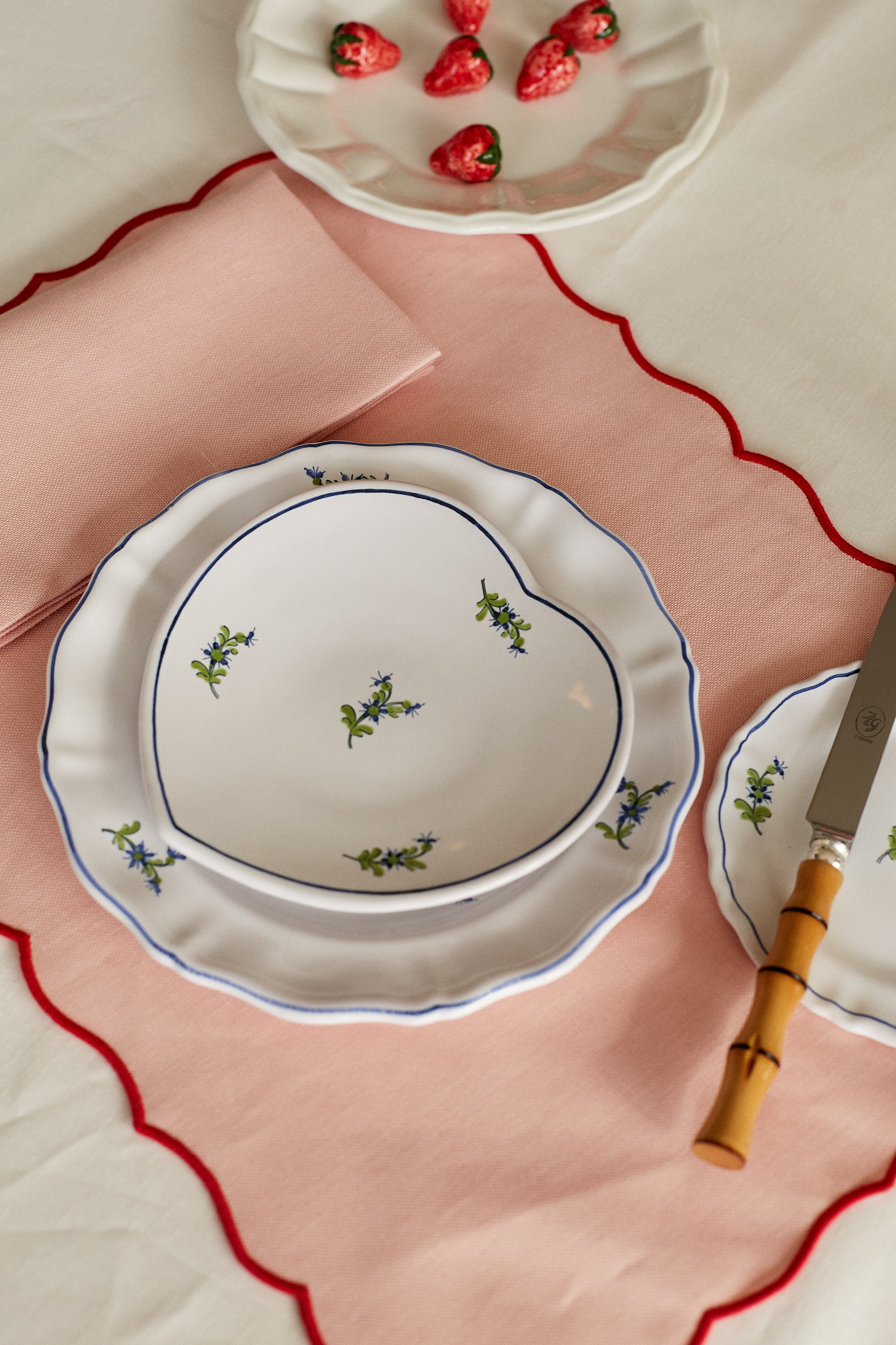 Table Setting with Les  Bleuets Heart Petite Plate, Blue and Green