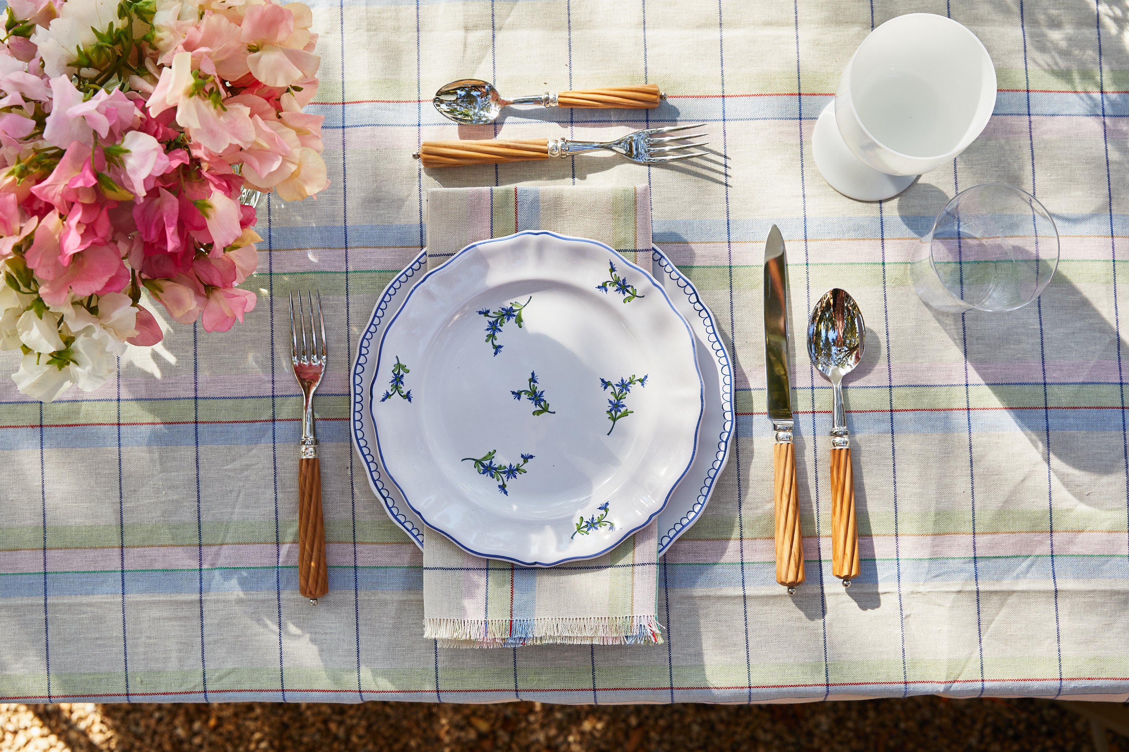 Table Setting with Large Pastel Check Table Campagne Napkin, Multi