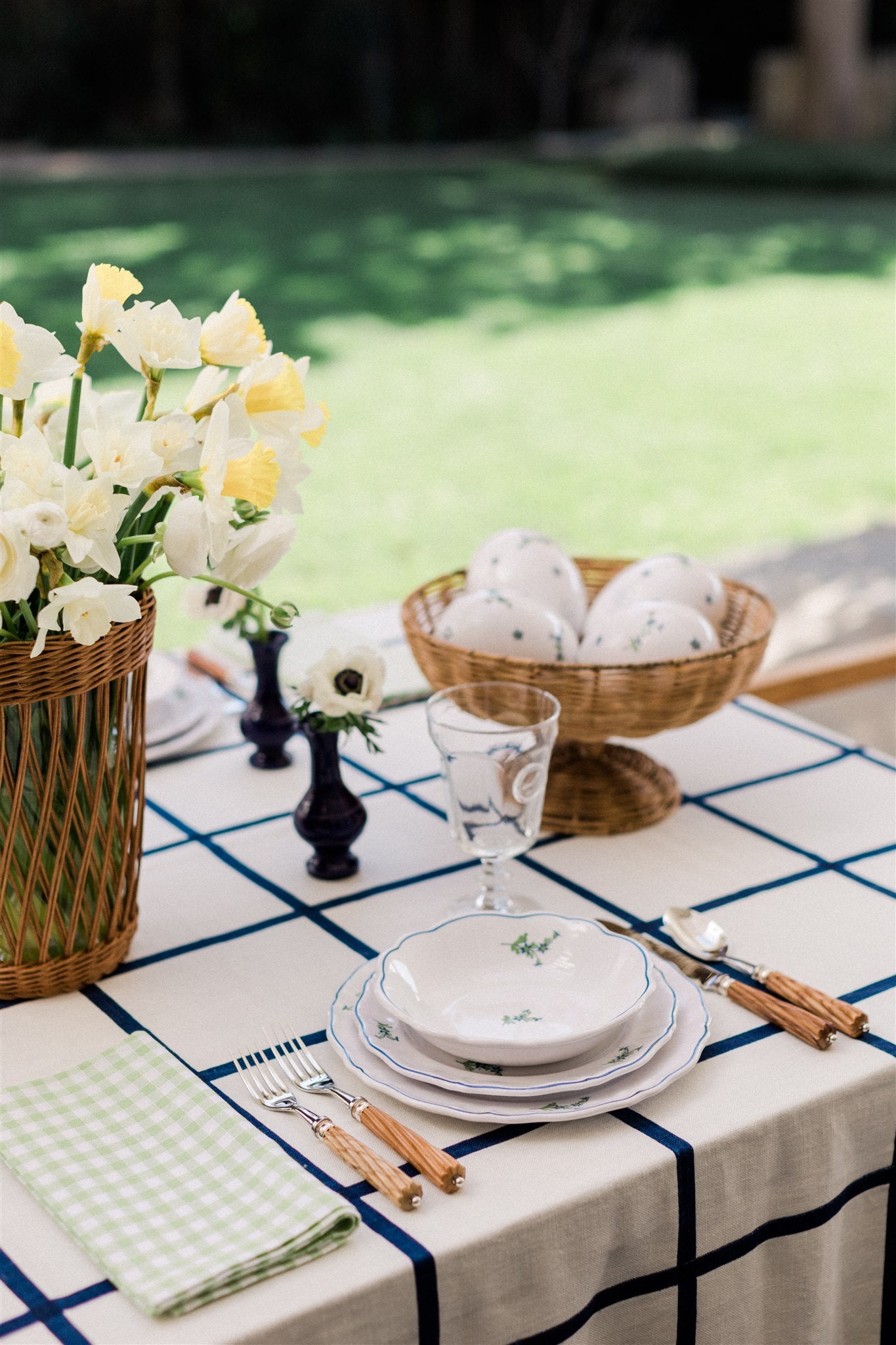 table setting with Faience Bleuet Easter Egg