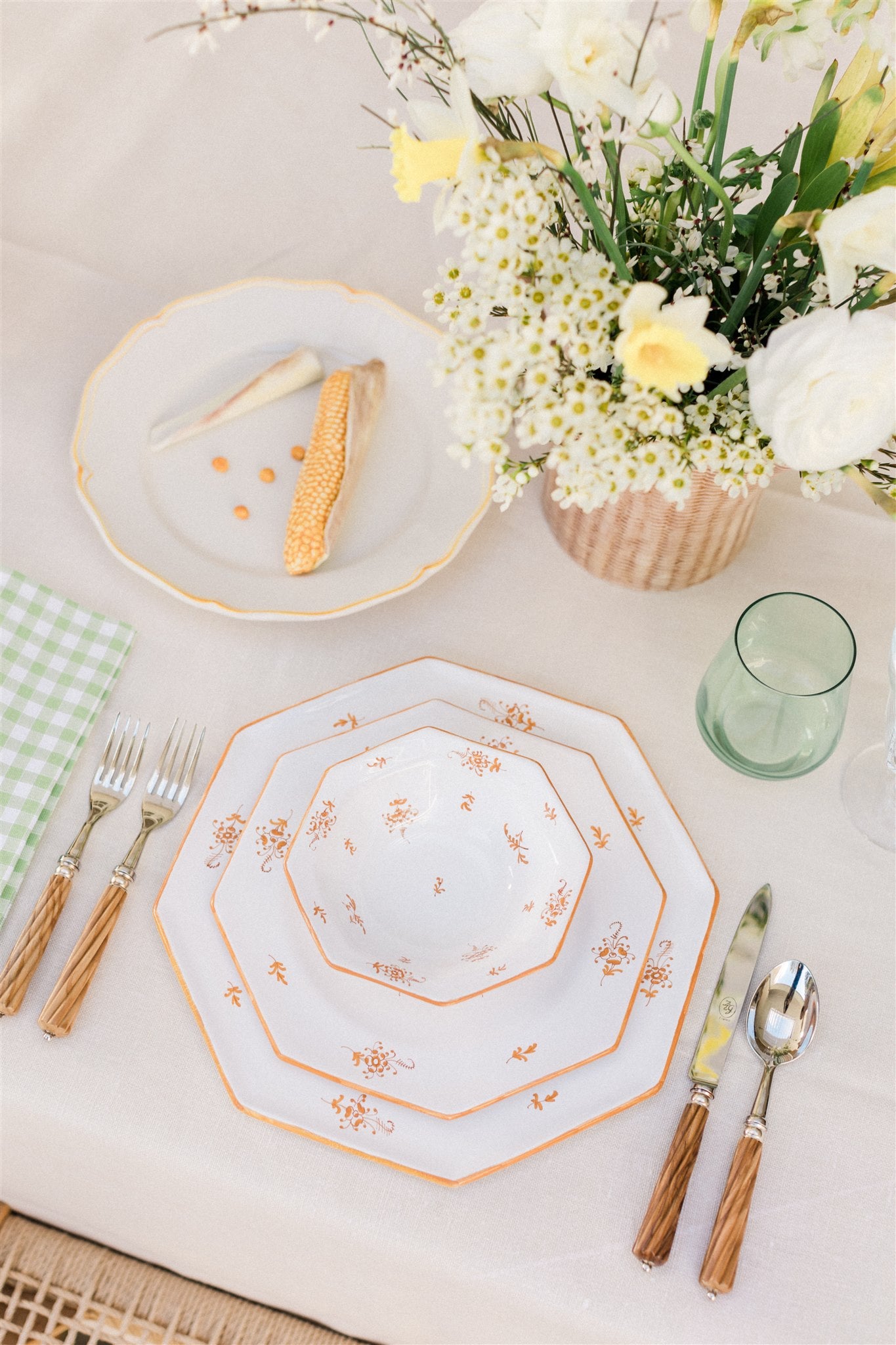 styled table setting with Brindille Large Dinner Plate with Salad Plate and Bowl, Ochre Brûlée